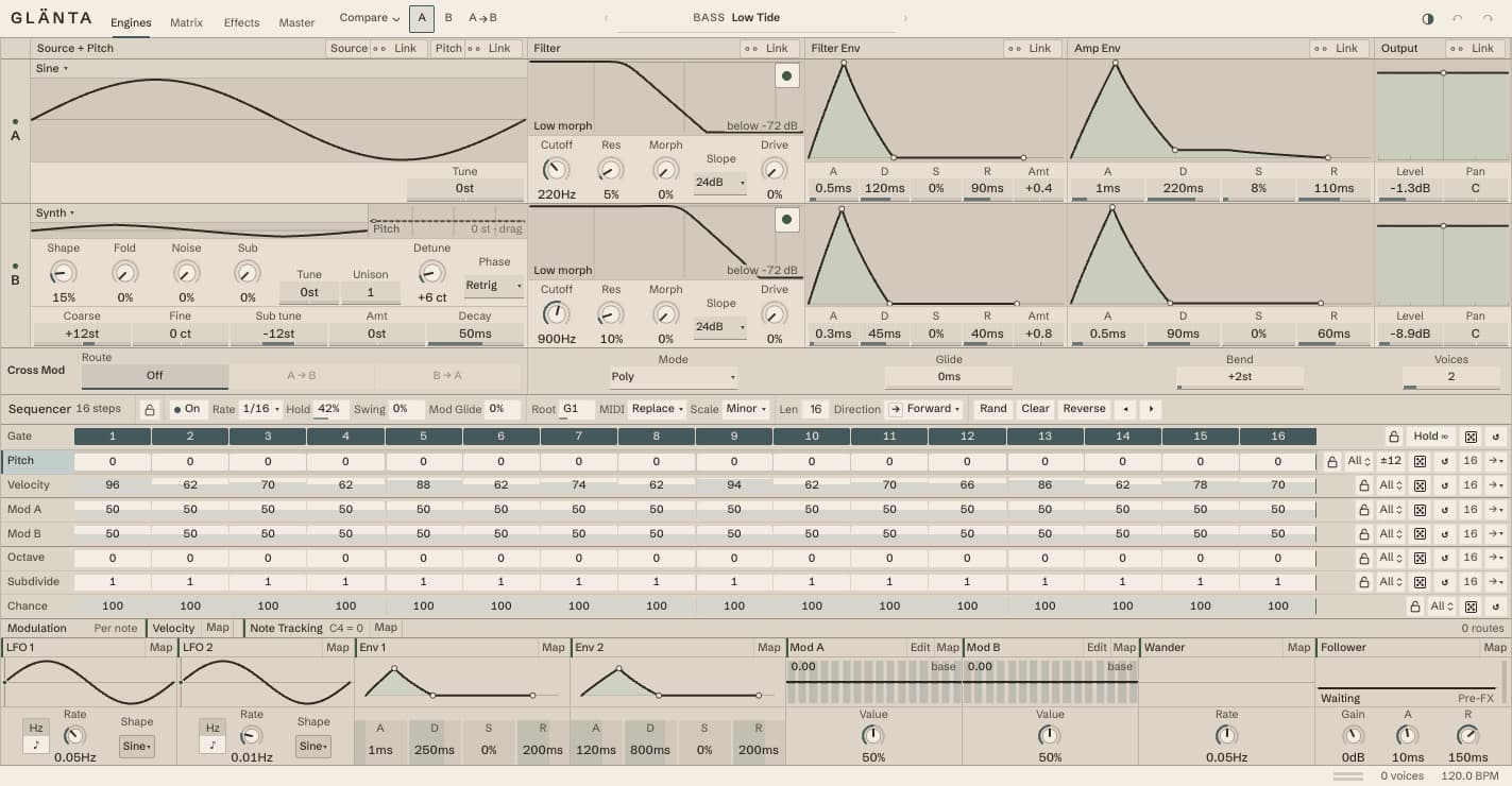 Glänta showing two sound engines, sequencing, and modulation on one instrument surface